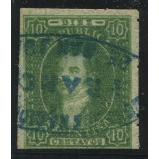 ARGENTINA 1864 GJ 23 RIVADAVIA ESTAMPILLA DE 10 Cts. CON MATASELLO FRANCA DE SAN JUAN EN COLOR AZUL